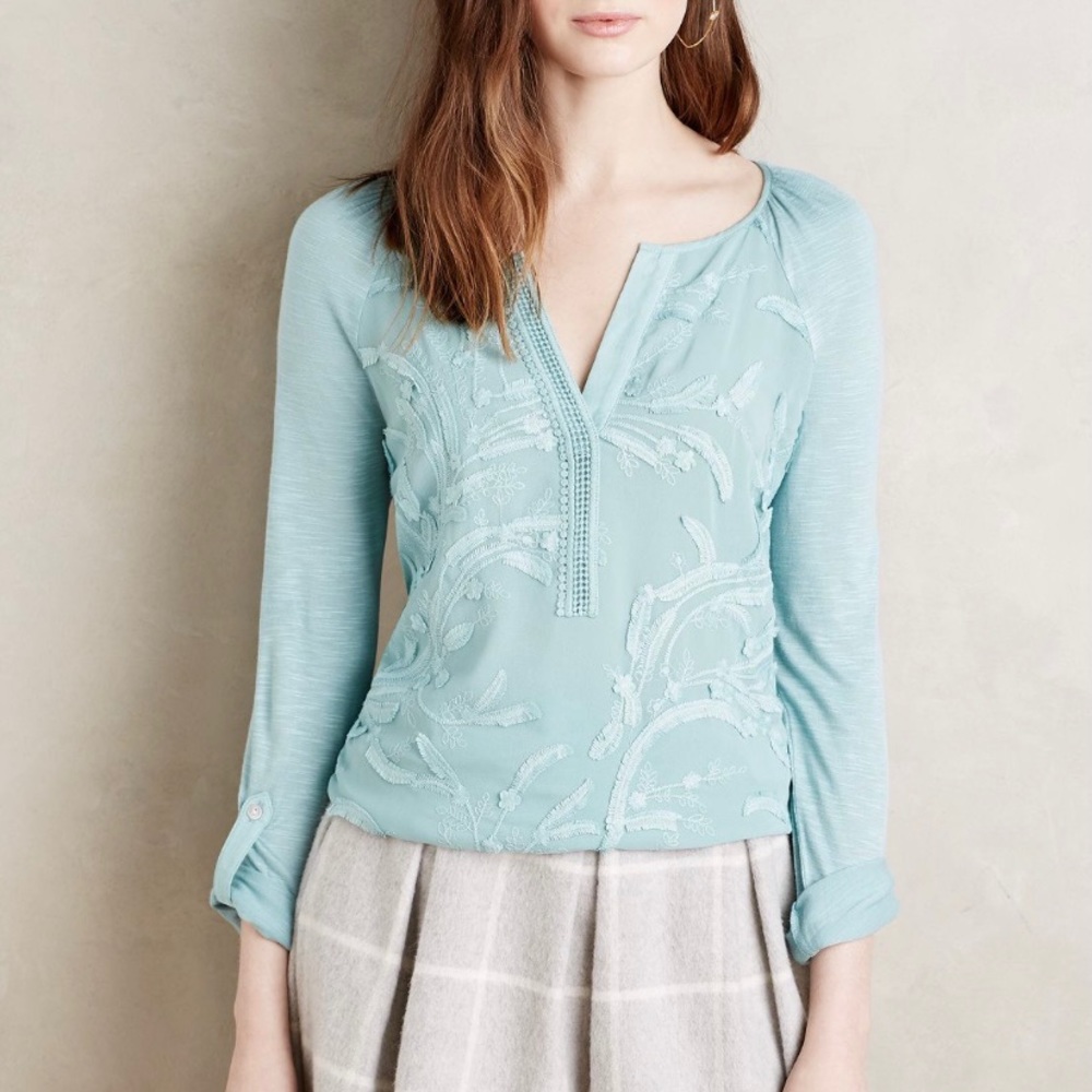 Anthropologie blue blouse with embroidery Sz M